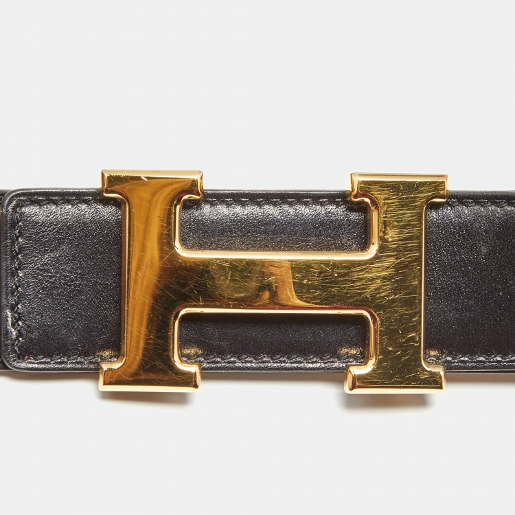 Pre Owned Hermes Black/Gold Togo and Box Leather H Reversible Buckle Belt 85CM