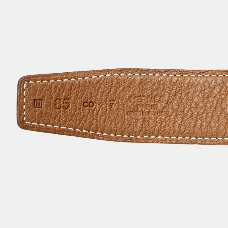 Pre Owned Hermes Black/Gold Togo and Box Leather H Reversible Buckle Belt 85CM