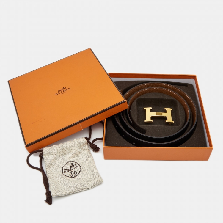 Pre Owned Hermes Black/Gold Togo and Box Leather H Reversible Buckle Belt 85CM
