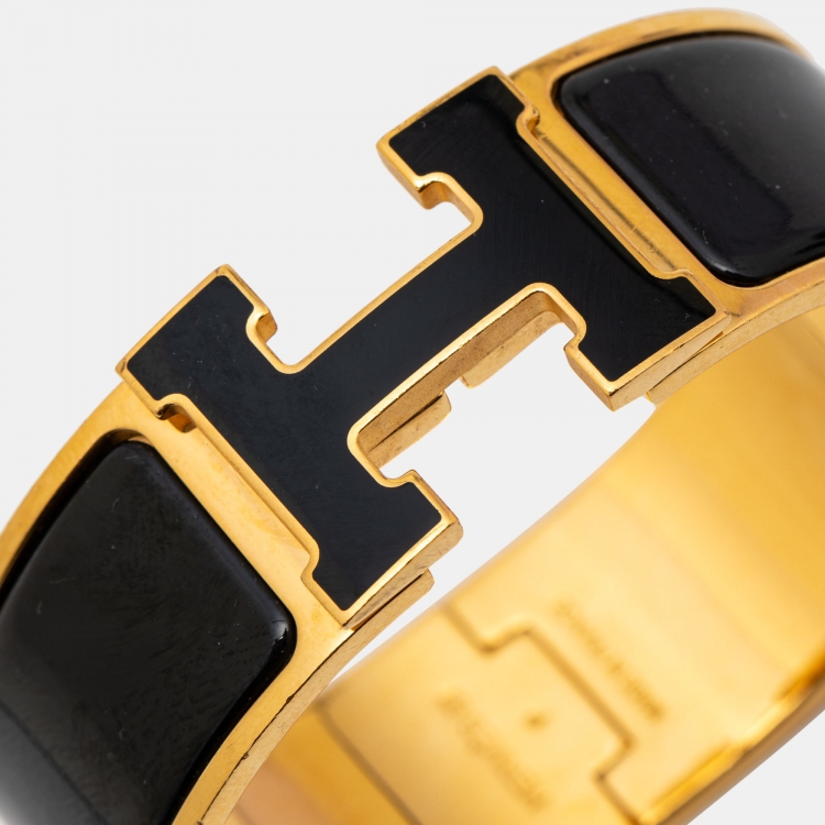 Pre Owned Hermes Clic Clac H Black Enamel Gold Plated Bangle Bracelet 