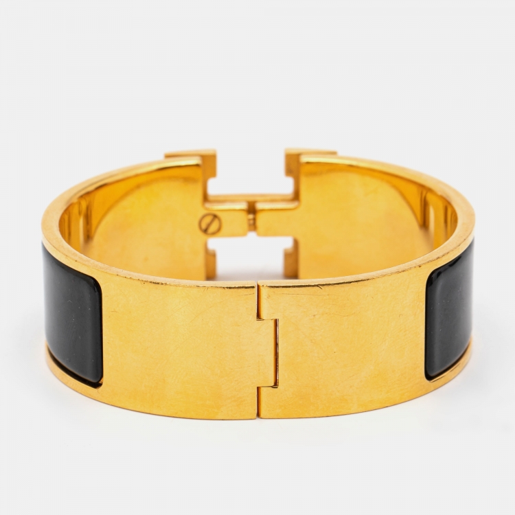 Pre Owned Hermes Clic Clac H Black Enamel Gold Plated Bangle Bracelet 