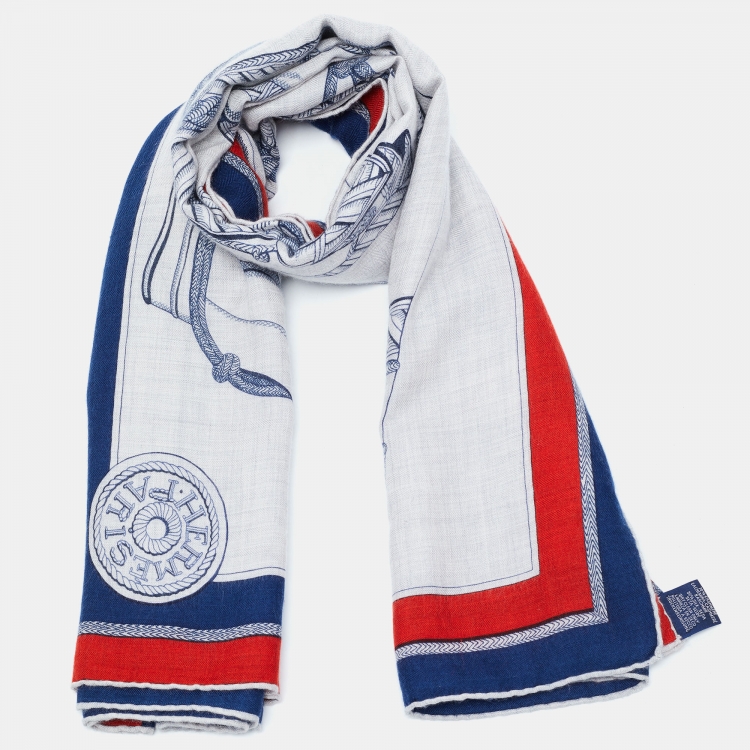 Pre Owned Hermès Grey Zouaves Et Dragons Cashmere Silk Scarf