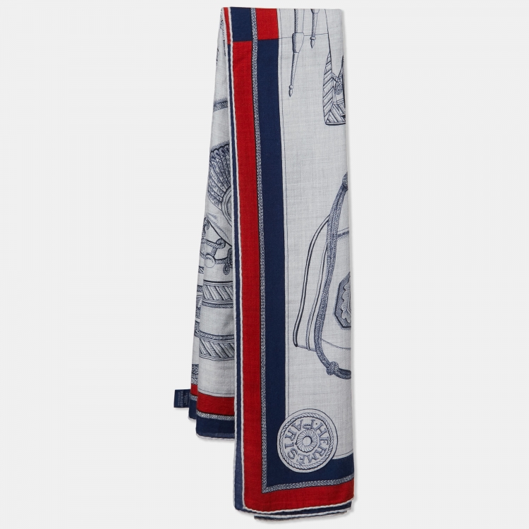 Pre Owned Hermès Grey Zouaves Et Dragons Cashmere Silk Scarf