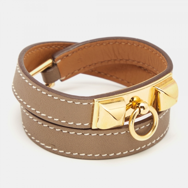 Pre Owned Hermès Étoupe Leather Gold Plated Rivale Double Tour Bracelet S