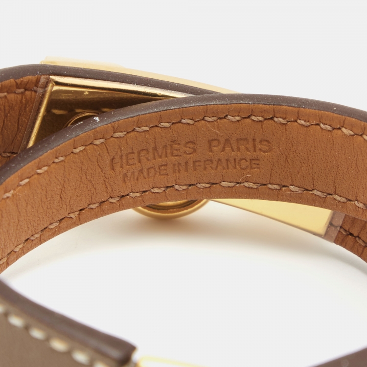 Pre Owned Hermès Étoupe Leather Gold Plated Rivale Double Tour Bracelet S