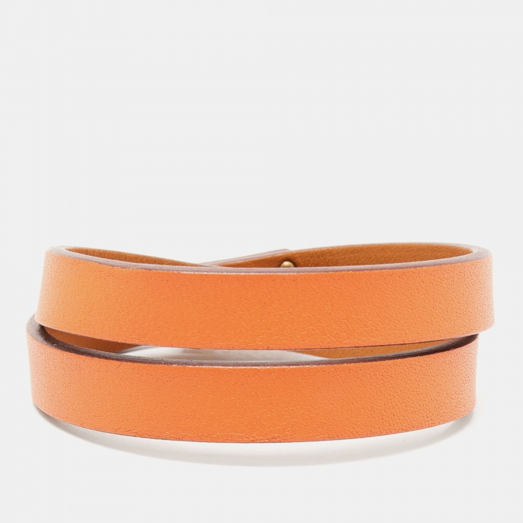Pre Owned Hermes Mini Kelly Double Tour Orange Leather Gold Plated Bracelet