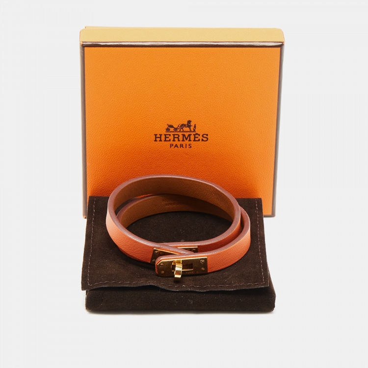 Pre Owned Hermes Mini Kelly Double Tour Orange Leather Gold Plated Bracelet