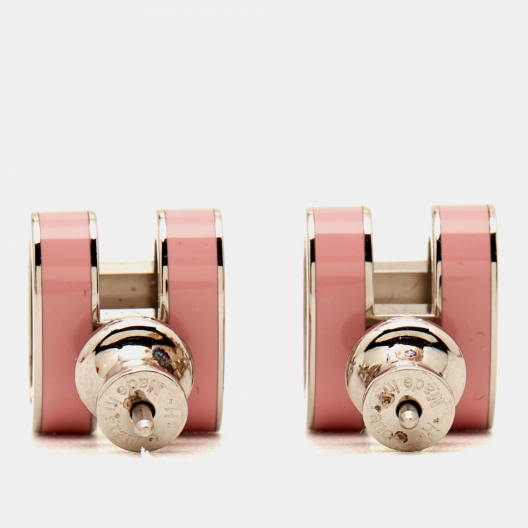 Pre Owned Hermes Pop H Pink Enamel Palladium Plated Stud Earrings