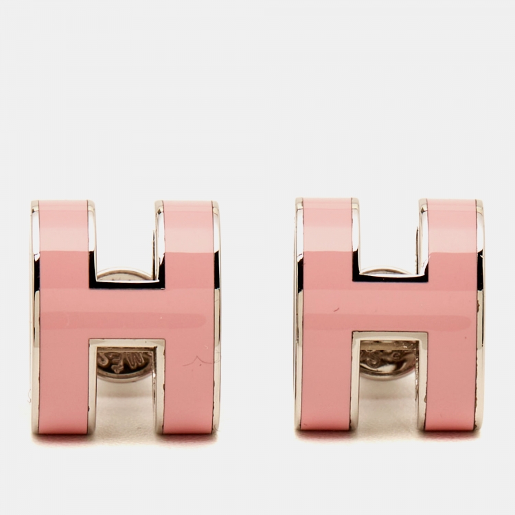 Pre Owned Hermes Pop H Pink Enamel Palladium Plated Stud Earrings