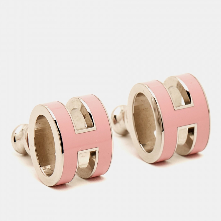 Pre Owned Hermes Pop H Pink Enamel Palladium Plated Stud Earrings