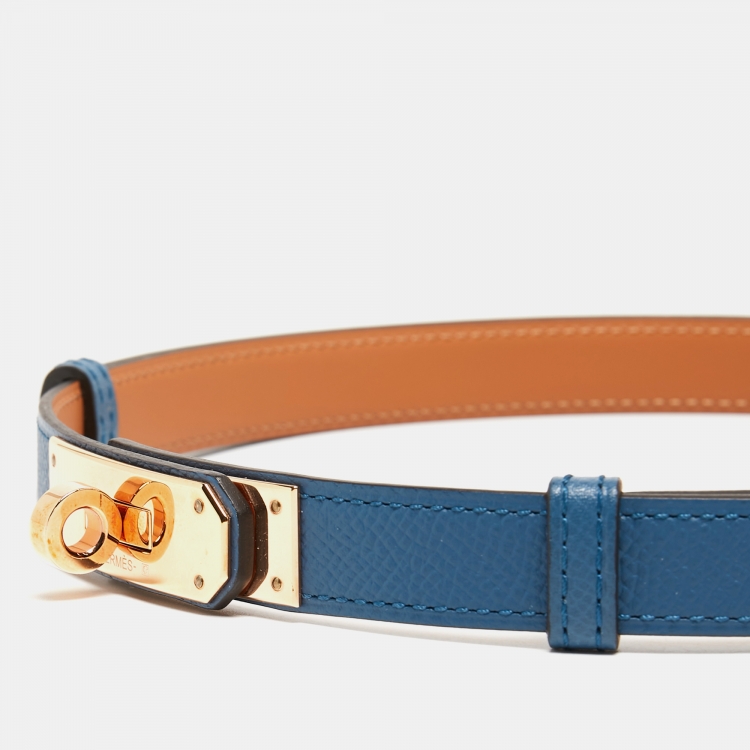 Pre Owned Hermes Bleu Thalassa Epsom Leather Rose Gold Tone Finish Kelly 18 Belt Adjustable