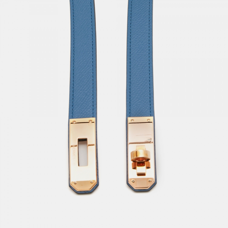 Pre Owned Hermes Bleu Thalassa Epsom Leather Rose Gold Tone Finish Kelly 18 Belt Adjustable