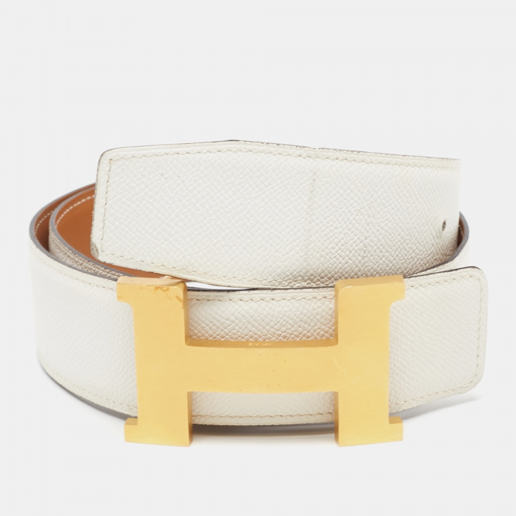 Pre Owned Hermes Blanc Epsom Leather Brushed Constance H Buckle Belt 80 CM