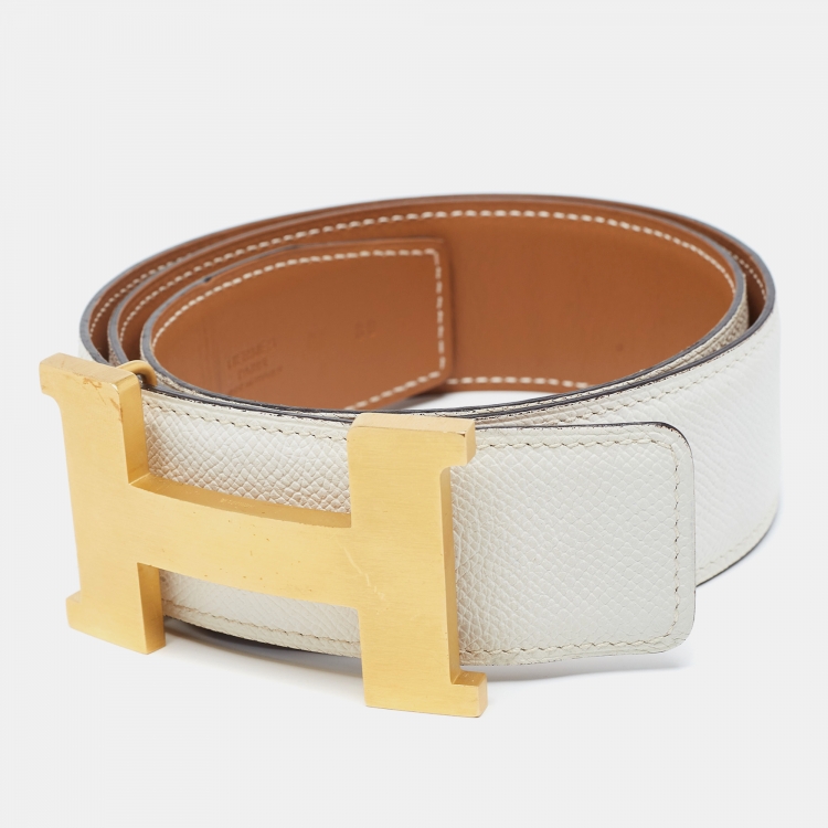 Pre Owned Hermes Blanc Epsom Leather Brushed Constance H Buckle Belt 80 CM