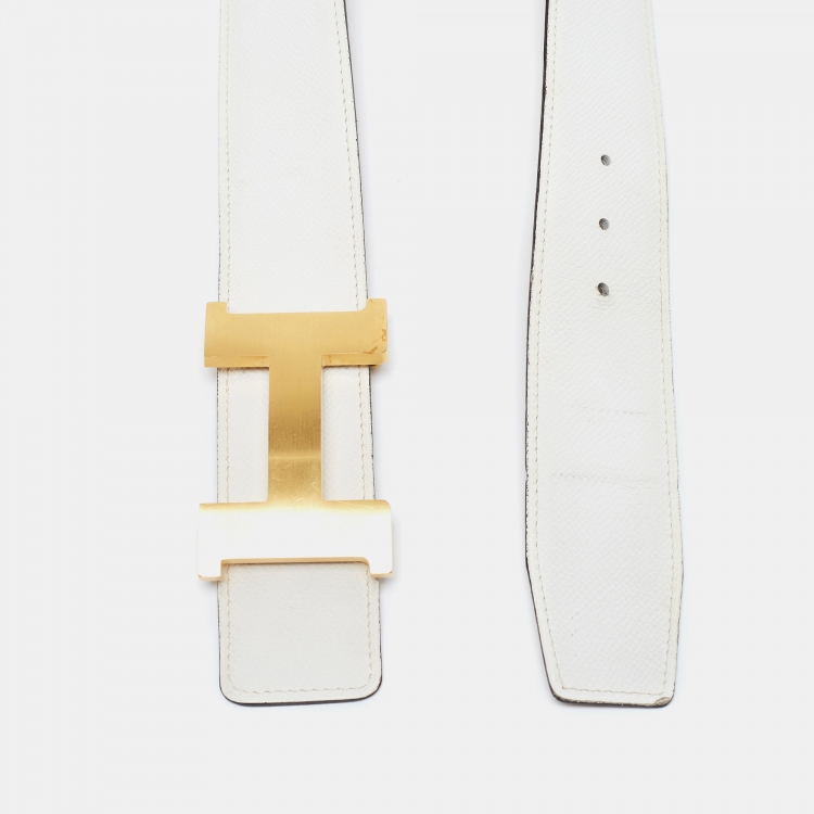 Pre Owned Hermes Blanc Epsom Leather Brushed Constance H Buckle Belt 80 CM