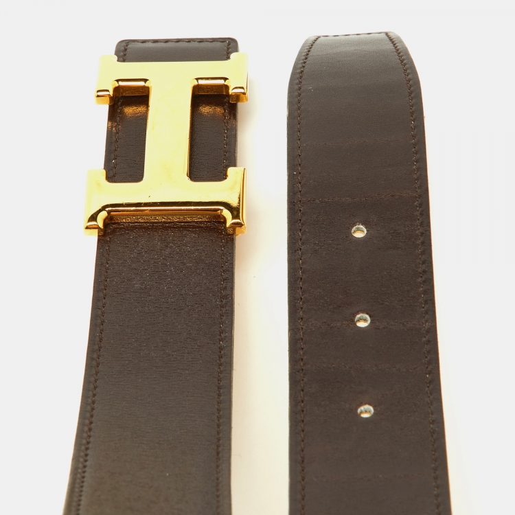 Pre Owned Hermes Marron Froce/Curry Box and Togo Leather Reversible Belt 90CM