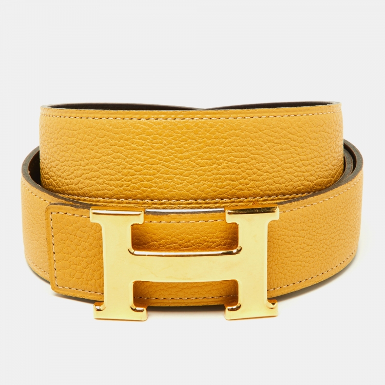 Pre Owned Hermes Marron Froce/Curry Box and Togo Leather Reversible Belt 90CM