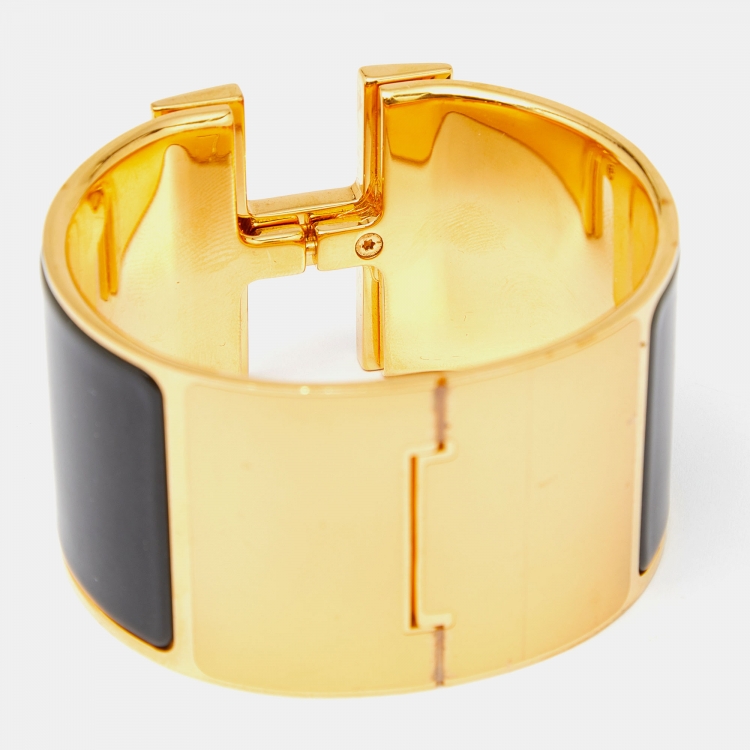 Pre Owned Hermes Clic Clac H Black Enamel Gold Plated Extra Wide Bracelet