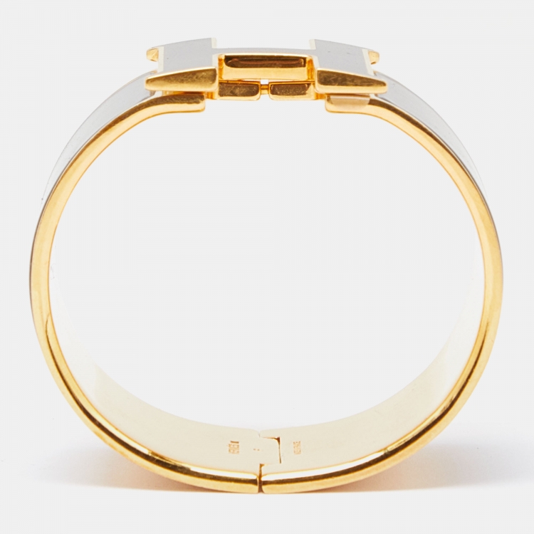 Pre Owned Hermes Clic Clac H Black Enamel Gold Plated Extra Wide Bracelet