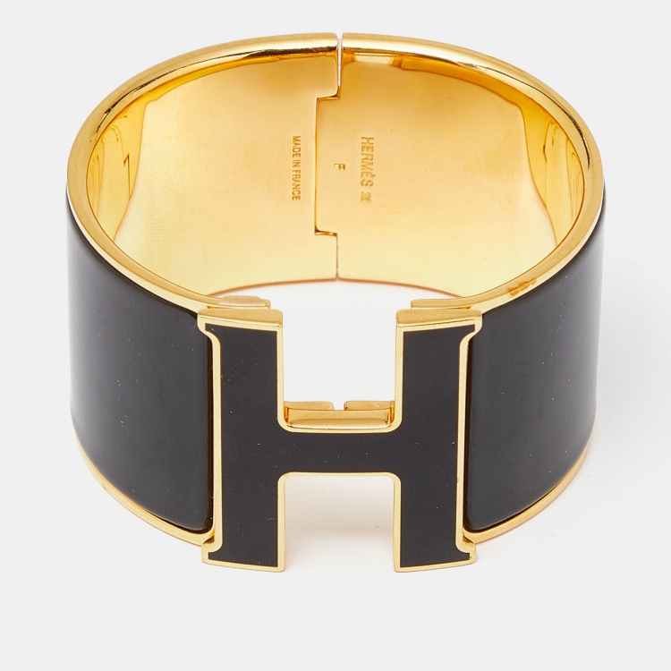 Pre Owned Hermes Clic Clac H Black Enamel Gold Plated Extra Wide Bracelet