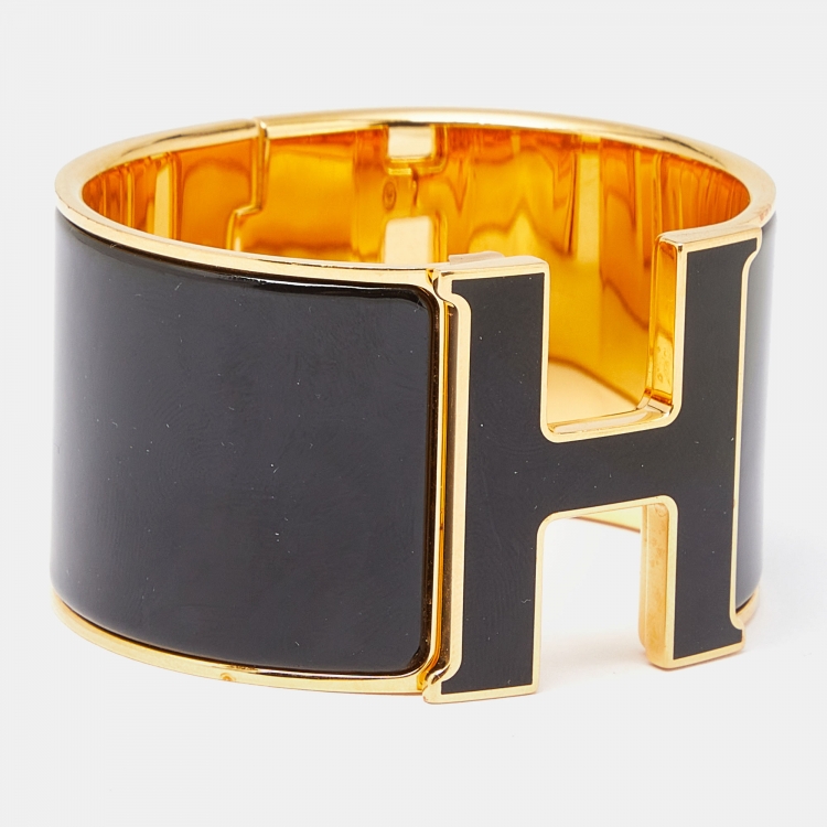 Pre Owned Hermes Clic Clac H Black Enamel Gold Plated Extra Wide Bracelet