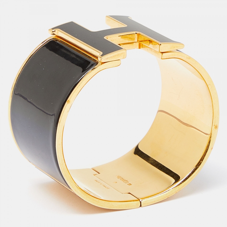 Pre Owned Hermes Clic Clac H Black Enamel Gold Plated Extra Wide Bracelet