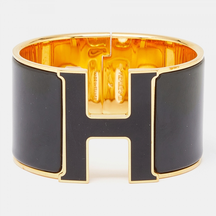 Pre Owned Hermes Clic Clac H Black Enamel Gold Plated Extra Wide Bracelet