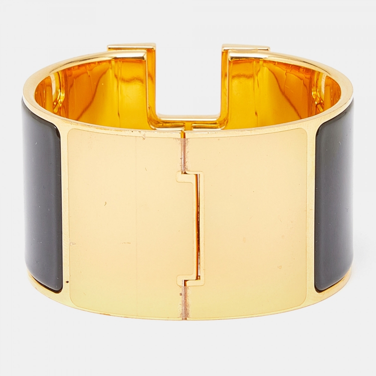 Pre Owned Hermes Clic Clac H Black Enamel Gold Plated Extra Wide Bracelet
