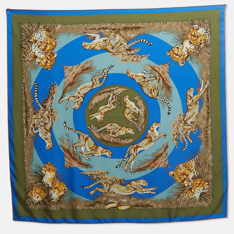 مملوكة مسبقًا Hermes Blue/Green Geupards Print Silk Square Scarf