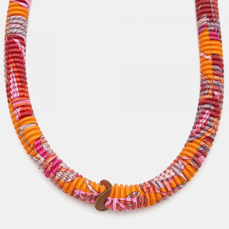Pre Owned Hermès Multicolor Print Petit H Pleated Silk Long Necklace