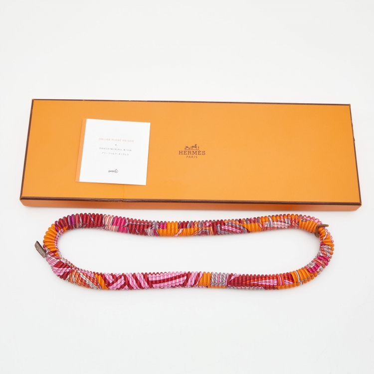 Pre Owned Hermès Multicolor Print Petit H Pleated Silk Long Necklace