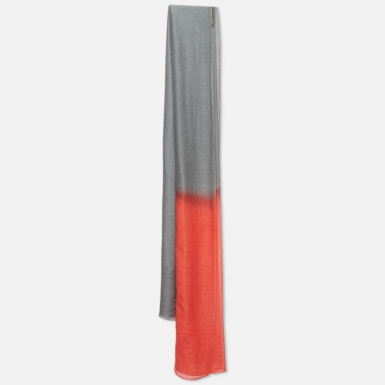 Pre Owned Hermès Grey/Orange Cashmere and Silk Scarf