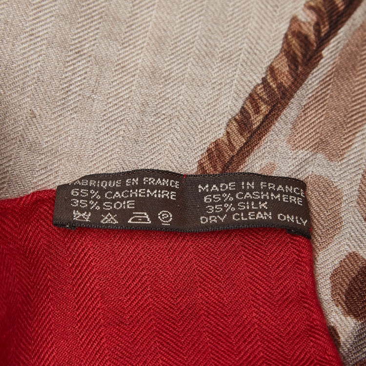 Pre Owned Hermes Red/Beige Cashmere and Silk Les Girafes Scarf