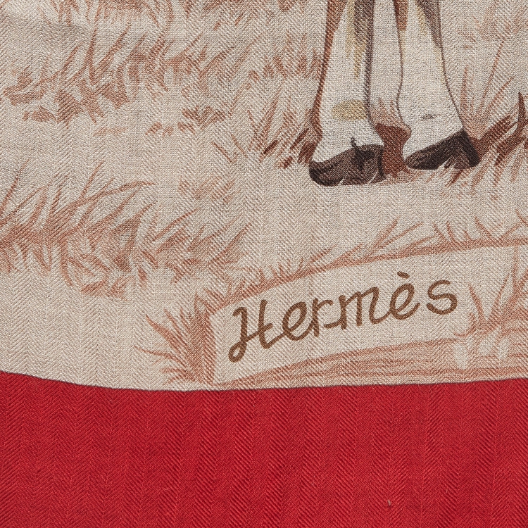 Pre Owned Hermes Red/Beige Cashmere and Silk Les Girafes Scarf