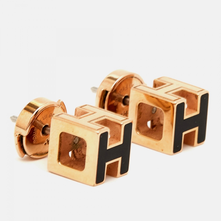 مملوكة مسبقًا Hermes Cage d'H Enamel Gold Plated Stud Earrings