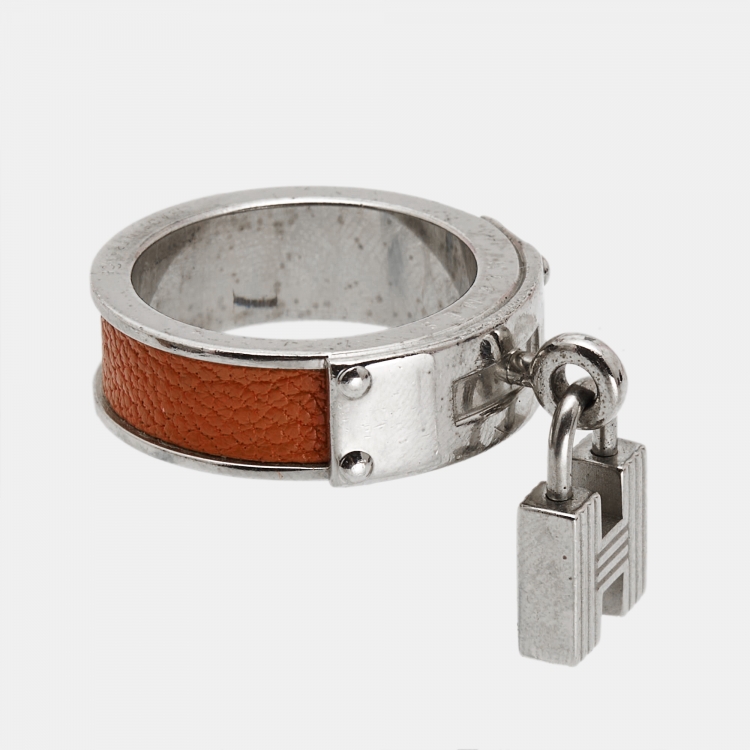 Pre Owned Hermes Kelly Cadena Leather Silver Tone Scarf Ring