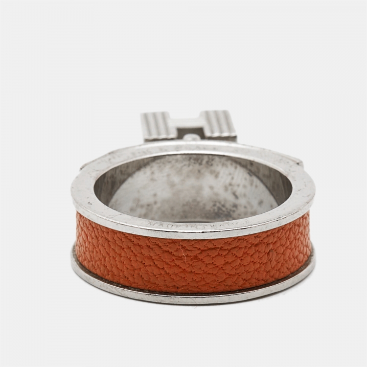 Pre Owned Hermes Kelly Cadena Leather Silver Tone Scarf Ring