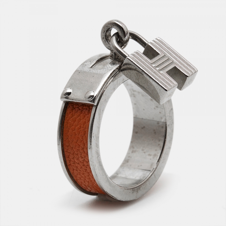 Pre Owned Hermes Kelly Cadena Leather Silver Tone Scarf Ring