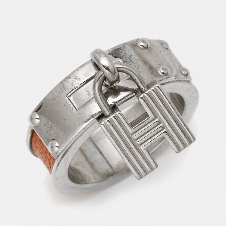 Pre Owned Hermes Kelly Cadena Leather Silver Tone Scarf Ring