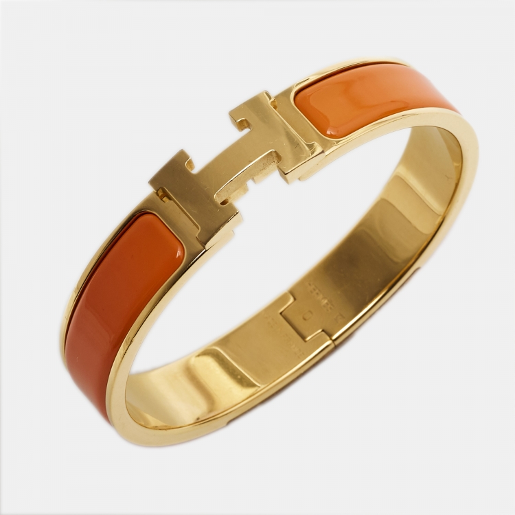 مملوكة مسبقًا Hermes Clic H Orange Enamel Gold Plated Bracelet