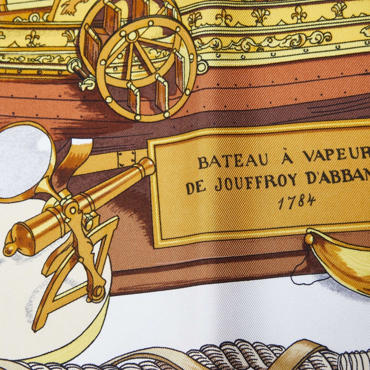 Pre Owned Hermes White/Yellow Bateau A Vapeur De Jouffroy D’Abbans 1784 Silk Scarf