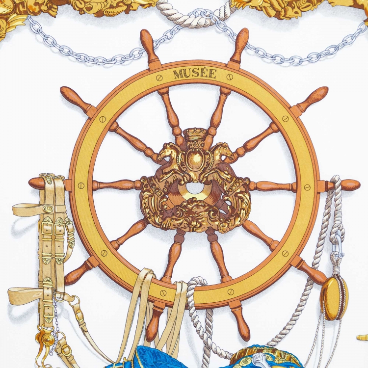 Pre Owned Hermes White/Yellow Bateau A Vapeur De Jouffroy D’Abbans 1784 Silk Scarf