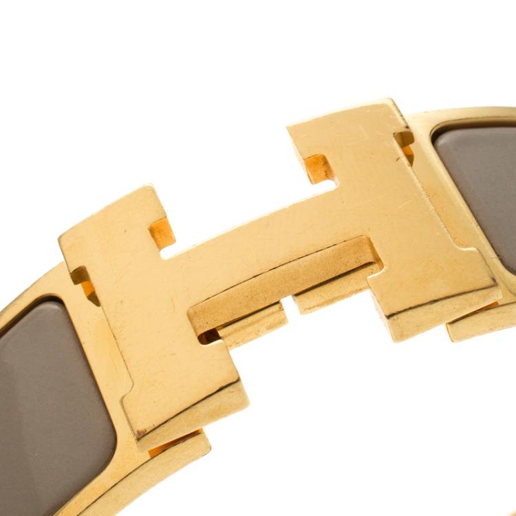 Pre Owned Hermes Clic Clac H Wide Grey Enamel Gold Plated Bracelet