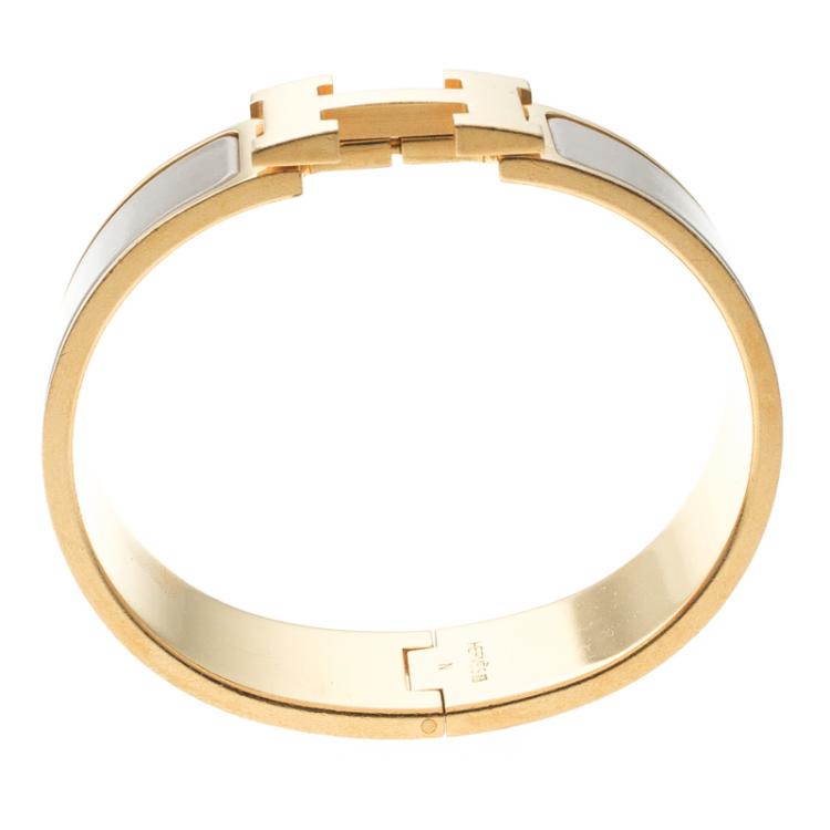 Pre Owned Hermes Clic Clac H Wide Grey Enamel Gold Plated Bracelet