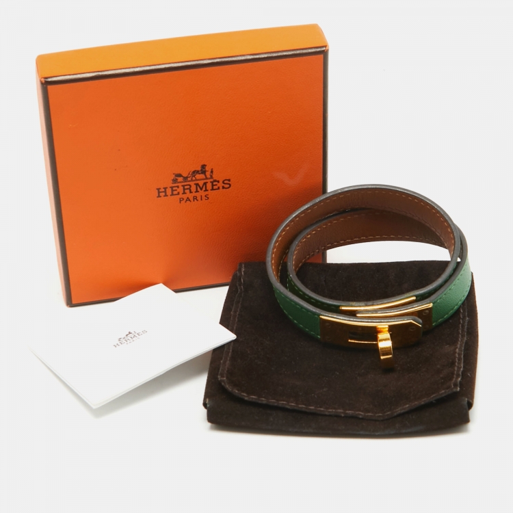 Pre Owned Hermes Mini Kelly Green Leather Gold Plated Wrap Bracelet 