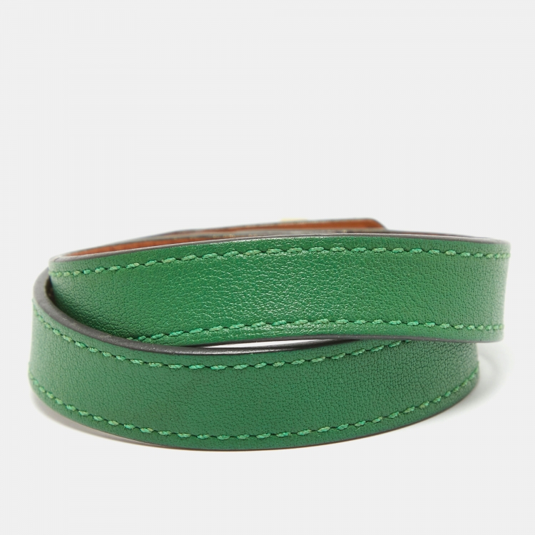 Pre Owned Hermes Mini Kelly Green Leather Gold Plated Wrap Bracelet 