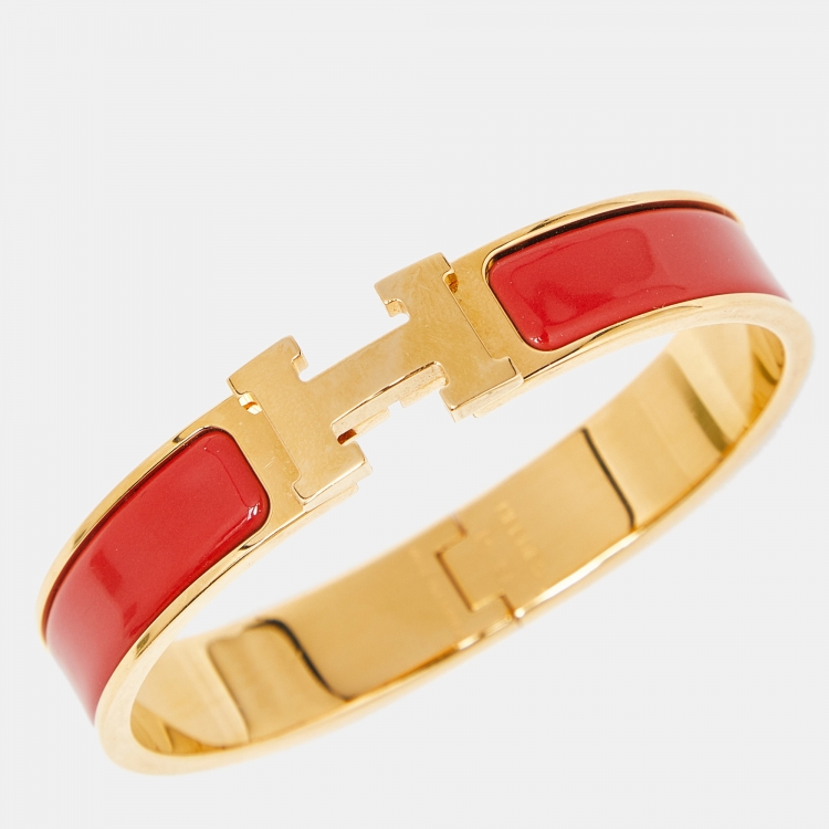 Pre Owned Hermes Clic H Red Enamel Gold Plated Narrow Bracelet