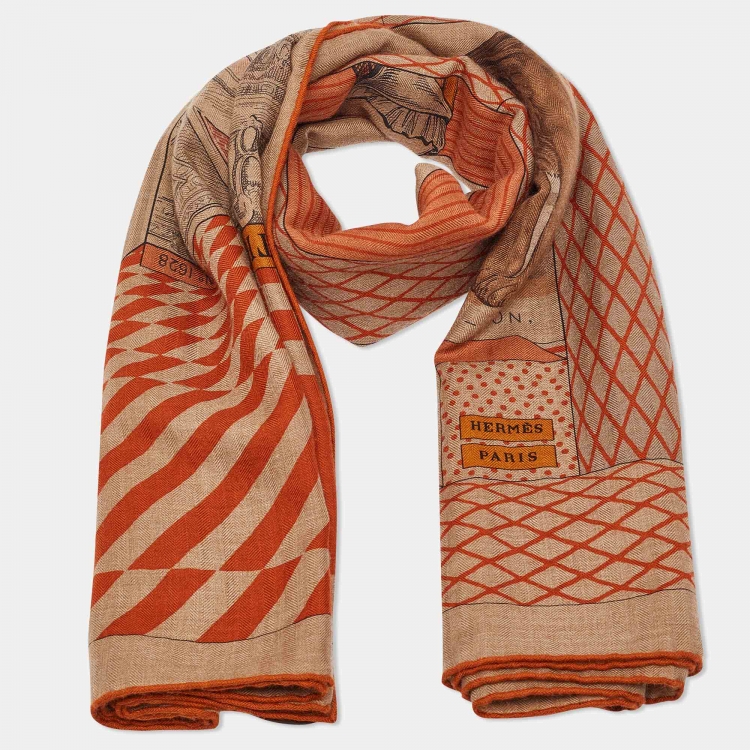 Pre Owned Hermes Brown Cashmere Grand Theatre Nouveau Gris Chine Scarf