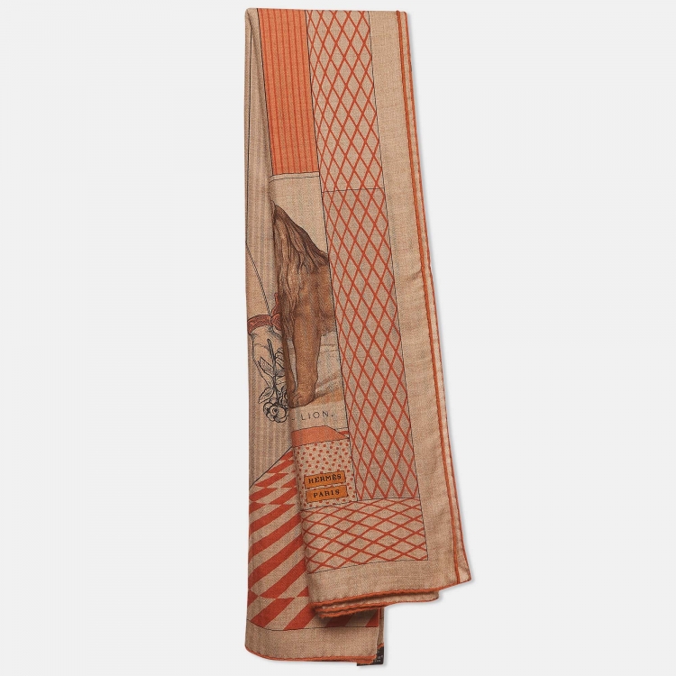 Pre Owned Hermes Brown Cashmere Grand Theatre Nouveau Gris Chine Scarf