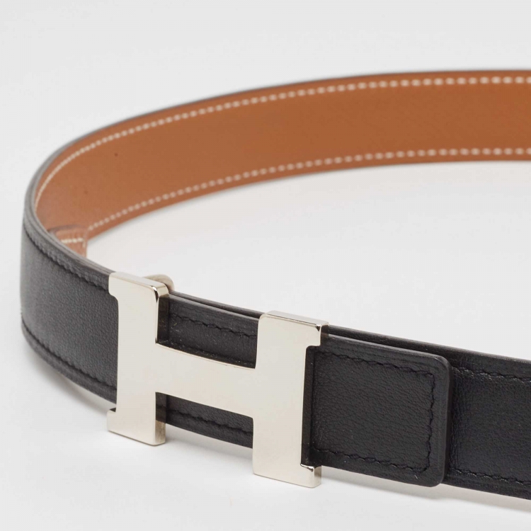 Pre Owned Hermes Noir/Gold Swift and Epsom Leather Constance Reversible Belt 80 CM